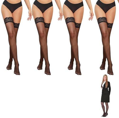 Syylqyr 4 Pairs Black Stockings Sheer Floral Hold Up Stockings for Women, Over-Knee Thigh-High Stretchy Stocks, Elegant and Comfortable for Party, Wedding, Daily Wear