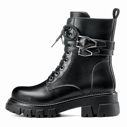 ElegaStep Black Combat Boots Women Rave Boots Motorcycle Goth Cute Shoes Buckle Lug Sole US 9.5
