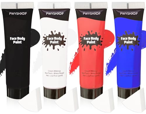 4 Colors Face Body Paint, 1.01 fl oz/PC Water Based Body Paint for Adults, Washable Face Paint Kit with Sponges, Face Painting for Halloween Clown Vampire Makeup, USA Flag/Sports Event Makeup
