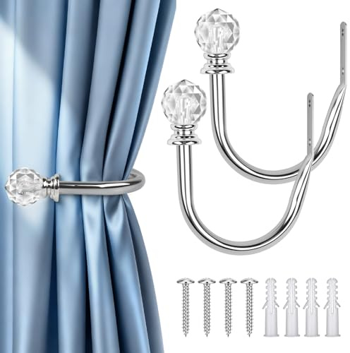 Dengthrive Curtain Holdbacks Silver: 2 Pack U Metal Tie Backs for Curtains Metal Curtain Tie Backs Hooks with Crystal Ball Tie Backs Wall Mounted Tieback Hooks Home Office Hotel Drapes 11.5x10.2 cm