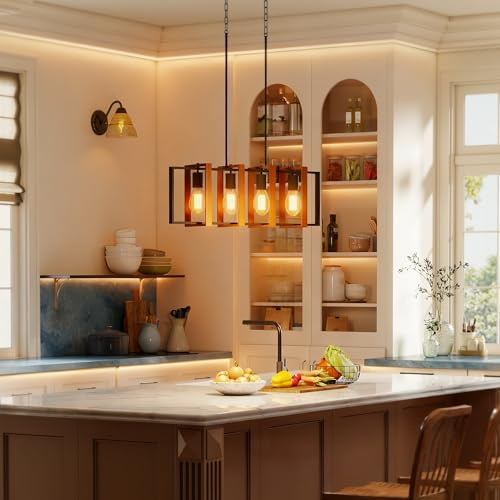 HOMCOM Lampadario a Sospensione Stile Rustico con 4 Cornici Girevoli e Catena Regolabile, Lampadario Salotto in Legno e Acciaio, 80x21x90-130 cm, Nero e Marrone Noce