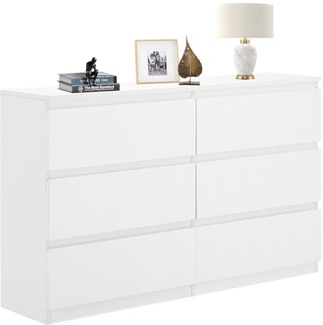 Sweetcrispy Kommode, Weißes Sideboard mit 6 Schubladen, 120×30×75cm, Viel Stauraum für Wohnzimmer, Flur & Schlafzimmer, Moderner Kommodenschrank