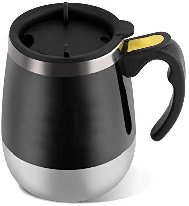 ZASCHMOY Tasse électrique Auto-mélangeuse en Acier Inoxydable, Tasse à café à Agitation Magnétique, Anti-éclaboussures, Conception Adaptée aux Voyages, 13x9.3x6.5 Cm (BLACK)