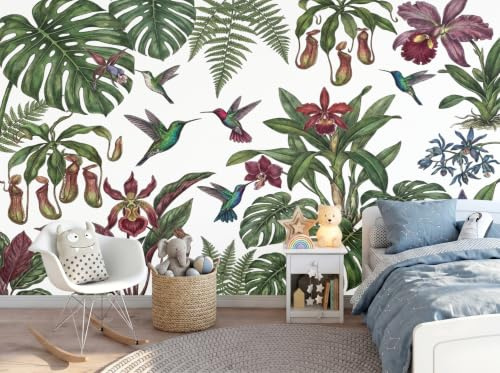 Papel tapiz fotográfico Estilo Retro Historia Natural Murales de dormitorio Planta Carnívora Monstrua Colibrí Pared Pintado Papel tapiz dormitorio de estar sala sofá mural- 200 x 140cm