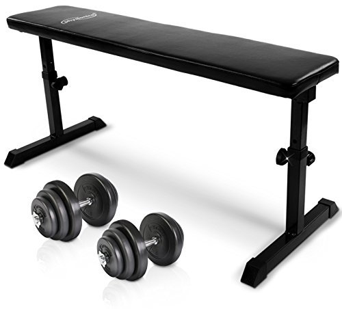 Physionics® Hantelbank mit Hantelset - Hantelbank (höhenverstellbar, 200kg belastbar, aus Stahl), Hantelset (2 Kurzhanteln, 40 kg, Verstellbar) - Flachbank, Trainingsbank, Fitnessbank mit Gewichten