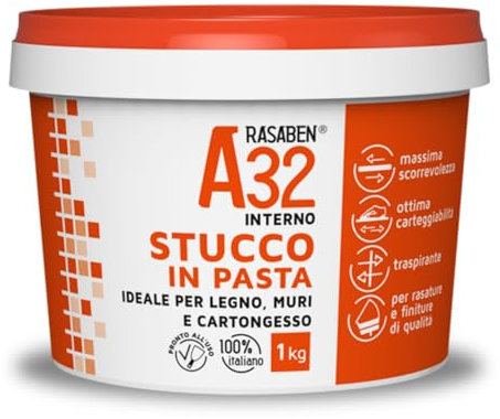 RASABEN - Stucco Bianco in Pasta A32 Pronto all'Uso, per Rasature e Finiture di Qualità, Ottima Carteggiabilità, Traspirante, per Legno Muri e Cartongesso, Uso Interno, Made in Italy, Barattolo da 1kg