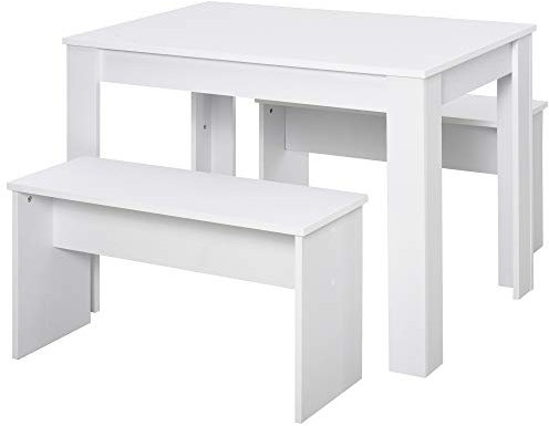 HOMCOM Kitchen Dining Table and 2 Benches Set, Table and Chairs Set for Limited Space, White
