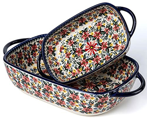 ONECCI Baking Dish Ceramic Baking Pan Blue Casserole Dish Rectangular Baking Set 2pcs Bakeware Sets Single Serving Size Lasagna Pan Baking Dishes for oven (Exotic Daisy)