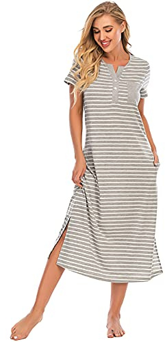 New front Nueva Camisa de Noche Larga para Mujeres Casual de Cuello Redondo Vestido a Rayas con Bolsillos Cómodo para Usar Ropa de Interior Botón Abierto Mangas Cortas Delanteras,Gris,S