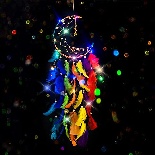 CHMMY Attrape de Rêves LED,Decoration Chambre Fille Fait Main Lumineux Attrapeur de rêves Plume Tapisserie Bohémien Accueil Chambres Mur Pendaison Mariage Décoration (Dreamcatcher-4)