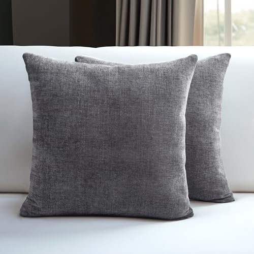 Encasa XO Chenille Kissenbezüge Set von 2 | Grey - (16x16) (40x40 cm) | Dekorative Akzent Quadratische Wurfkissenbezüge Für Couch, Heimdekoration, Sofa