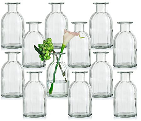 Glasseam Kleine Vasen Set Glasvase, 12 Stück Mini Blumenvase Durchsichtig Vintage Vase Glas Rund Glasvasen Flaschenvase Bunt Klein Geriffelte Tischvase Vasenset Glasflasche Deko für Hochzeit Tischdeko
