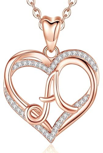 INFUSEU A Collar Colgante, Letra A-Z Alfabeto Capital Joyería Doble Corazón Inicial Collares Oro Rosa Circonio Cúbico CZ para Mujeres Pareja, Cadena de 20 pulgadas