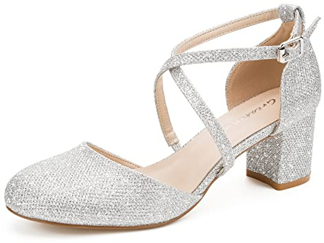 Greatonu Womens Court Shoes Mid Heel Chunky Dress Sandals Ladies Ankle Strap Wedding Party Pumps Sliver Glitter Size 7