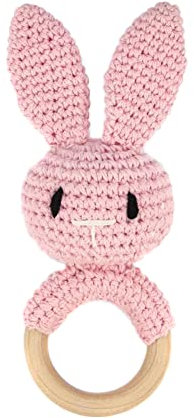 Baby Greifling Rassel Beißring,Tier Gehäkelte Babyrassel Häkeln Holz Greifling Baby Rassel Fuchs Tiger Löwe Hase Baby Montessori Babyspielzeug für Neugeborenes Baby Junge Mädchen Geschenk zur Geburt