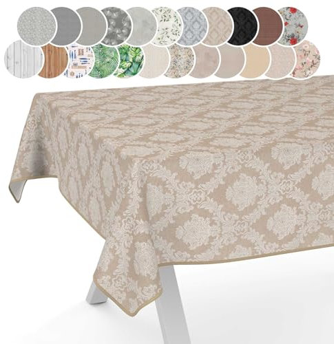 Stoff Tischdecke Textil Tischwäsche Tischtuch Baumwolle Polyester abwaschbar Uni Ornament Damast Jacquard Gewebe waschbar Barock Beige 90x130cm mit Saum (Eingefasst)