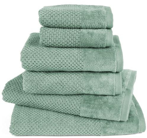 Pure Label 6-TLG. Handtücher Set mit Aufhängeschlaufen aus 100% Baumwolle, saugstark und weich - 2X Badetuch (70x140 cm) 2X Handtuch (50x100cm) 2X Gästetuch (30x50 cm), Grün