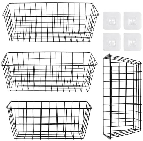 DAKFOOK 4 PCS Black Wall Wire Basket, 2 Sizes Metal Wire Bin Organiser Self Adhesive, Wire Storage Hanging Basket for Bathroom, Office, Pantry, Freezer, Closet, Shelf