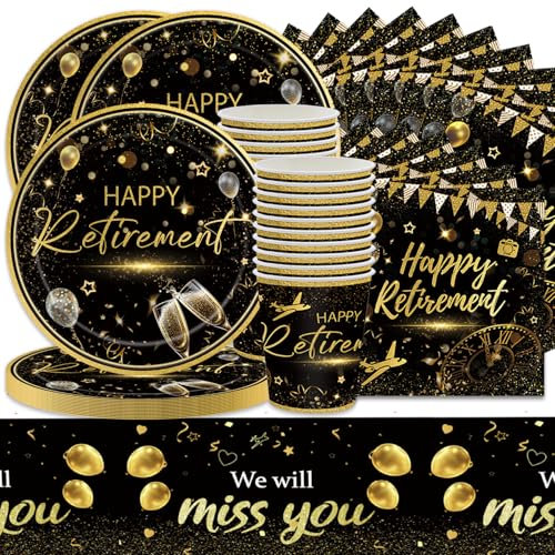 Set di 61 stoviglie per feste in pensione, decorazioni per feste di addio, accessori per decorazione per feste in oro, stoviglie in pensione per 20, Happy Farewell, piatti di carta broccato, tazze di