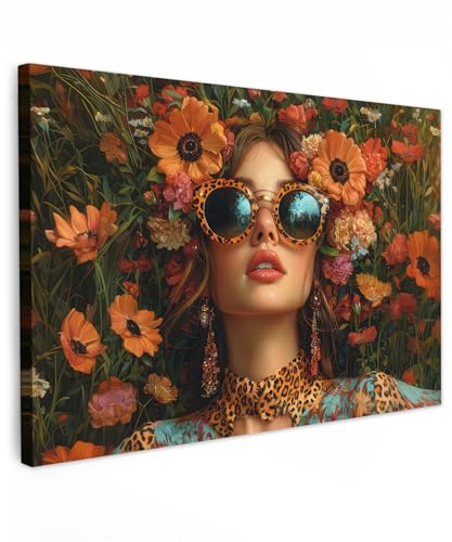 MuchoWow© Leinwandbild Groß 120x80 cm XXL Dekoration Wohnzimmer Bilder Pictures Wall Decoration Living Room Wohnungs Deko Moderne Bild Frau - Blumen - Modern - Brille - Abstrakt