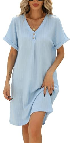 Famulily Womens Summer SShort Sleeve Dresses V Neck Button Pleated Dress Elegant Casual Holiday Sundress Solid Beach Swing Shirtdress Sky Blue XL