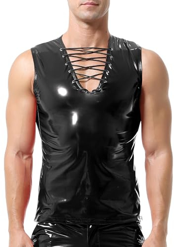 QiaTi Men's Faux Leather Undershirt Wetlook Tank Top Shirt Chest Lace Up Sleeveless Vest Sport Muscle