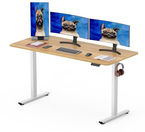 SANODESK 160 x 80cm Electric Standing Desk ONE PIECE Height Adjustable Desk Sit Stand Home Office Desk with 4 Height Memory Pre-Sets Smart Pannel and Hooks for Work, (White Frame+Maple Desktop)