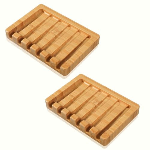 2 PCS Wooden Soap Dish Bamboo Wood Soap Tray Waterproof Self Draining Soaps Dish Wooden Holder Bamboo Dishes for Shower Natural Dishes for Bar Soaps Bathroom Kitchen