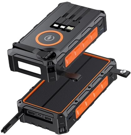 ​Batería Externa 20000mAh Solar Portátil con Dinamo Manivela, Cargador Multiusos USB-C con Carga Rápida, 3 Cables Incluidos, Fuente de Energía para Teléfonos y Equipos Externos​ (Naranja)