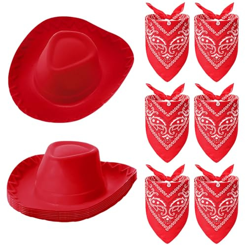 Hillban 12 Pack Cowboy Hat and Bandana, Cowgirl Hats Felt Cowboy Party Hats Bulk Western Bandanas for Party Costume(Red)