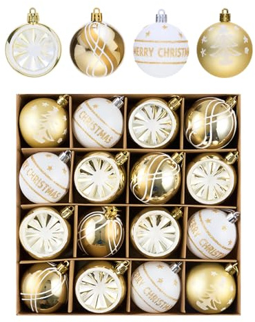 Weihnachtskugeln Christbaumkugeln Christbaumschmuck, 6CM 16 STK Weiß Gold Kunststoff Bruchsicher Aufhängen Weihnahctsdeko Weihnachtsbaumschmuck Christmas Tree Decorations