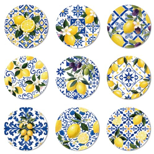 ANATTASOUL Lemon Blue Ceramic Wood Coasters Set of 9 for Coffee Table | Home Decor,3.9 Round,Vintage,Colorful Wooden Cup Mat,Funny Desk Coasters,for Apartment,Office,Bar,Kitchen,Gifts