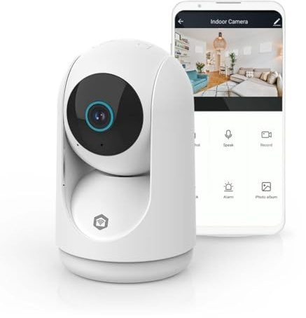 NEDIS Smart Wi-Fi pan-lutning inomhuskamera, 3 MP Full HD 1296p, mörkerseende, rörelse- och mänsklig detektion, anpassningsbara zoner, tvåvägsljud, moln- eller MicroSD-lagring, fungerar med Alexa och