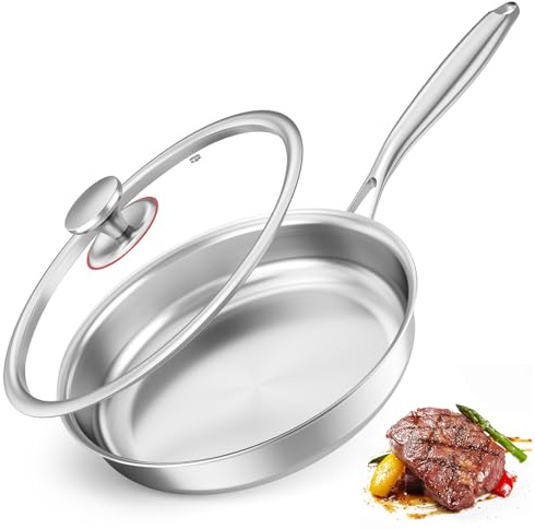 Gvdeirn 24cm Stainless Steel Frying Pan with Lid, Frying Pan Coating-Free and PFOA-Fre, with Heat-Resistant Handle, Suitable for Induction, Gas, Electric Hobs, Oven-Safe, Dishwasher
