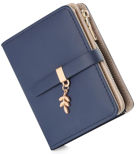 RRANCharltu Geldbörse Damen PU-Leder,Portemonnaie Damen klein RFID-Schutz Mini Geldbeutel mit Reißverschluss-Münzfach Kleiner Portmonee mit Viele Fächer ID-Sichtfenster Blattanhänger,Blau