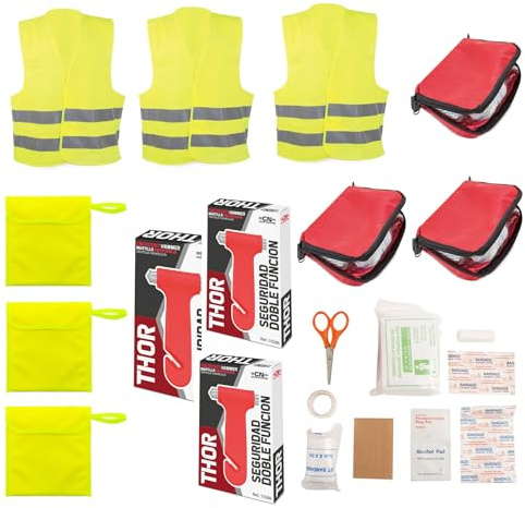 Adri - Kit de Emergencias + Primeros Auxilios - Chaleco Reflectante de Seguridad + Bolsa de almacenamiento + Martillo de emergencias + Botiquín (3)