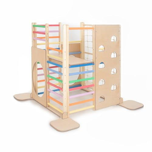 HOMEforDREAMS Torre de escalada de madera para niños – Muebles de juego para interiores inspirados en Montessori, marco cuadrado para trepar (arco iris)