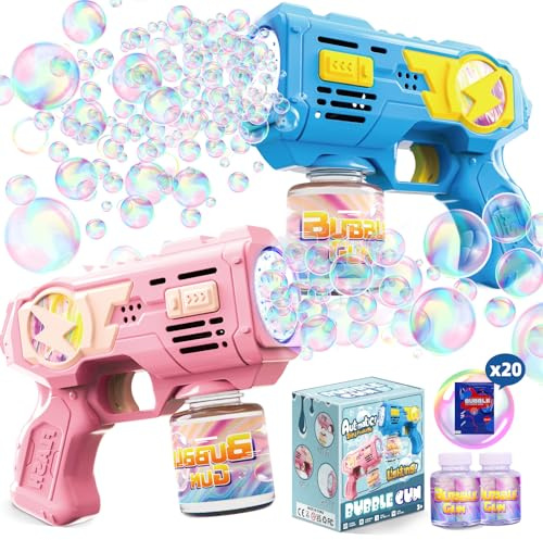 Pistolet à Bulles 2PCS, Machine a Bulles pour Enfant Automatique avec Lumières LED, Jouet d'Extérieur d'Été Adapté aux Enfants 3-12 Ans, Cadeau pour Fête d'anniversaire, Pâques et Fête (Rose Bleu)