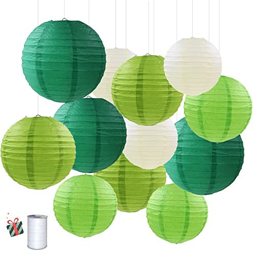 Treer Papier Laterne rund Lampenschirm, 12pcs Verschiedene Größen Lampions Papierlaterne Hochtzeit Weihnachten Festival Party Dekoration (Grün)
