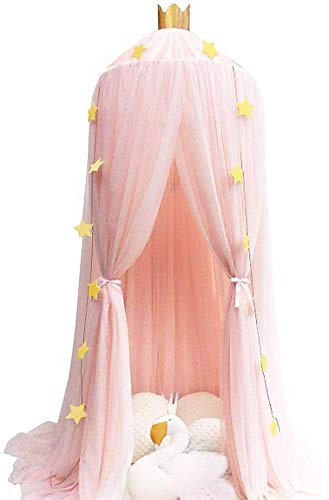 Koomiao Ciel de Lit Fille Princesse, Enfants lit Baldaquin avec Etoile Décoration de Chambre D'enfant en Forme de Dôme Moustiquaire en Maille Respirante pour Bébé (Rose)