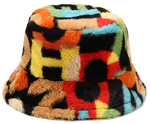 Umeepar Winter Faux Fur Bucket Hat Fluffy Warm Hat for Women Men (Colorful)