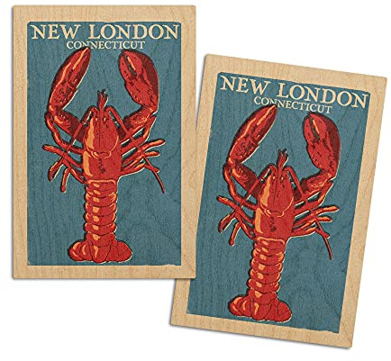 New London, Connecticut, Lobster, Woodblock (4x6 Birch Wood Postcards, 2-Pack Stationary, Rustic Home Wall Decor)