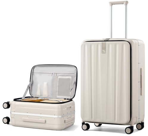 Hanke 20 Inch Carry On Luggage with Wheels PC Hard Shell Suitcase Top Opening Aluminum Frame Travel Luggage Suitcases for Woman Men Gifts.(Ivory White)