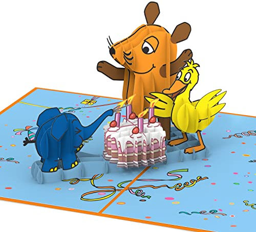 papercrush® x Die Maus Pop Up Karte „Glückwunsch zum Geburtstag“ - Lustige 3D Geburtstagskarte mit Maus, Elefant, Ente und Torte für Kind (Mädchen & Jungen), Handgemachte Glückwunschkarte für Tochter