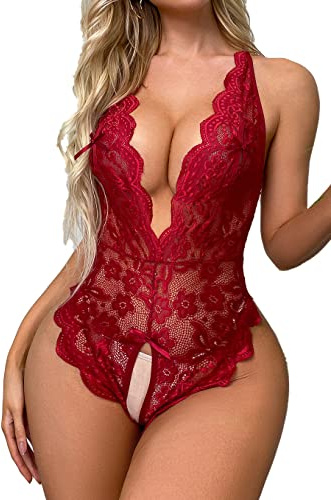 Lingerie Sexy Femme Erotique Body Dentelle sous Vêtements Décolleté en V Dos Nu Teddy Babydoll Ouverte Erotique Nuisette One-Piece Ensemble Lingerie Hot