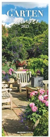 Alpha Edition - Gartenzauber 2025 Streifenkalender, 15x42 cm, Kalender mit Notizmöglichkeiten und 100-jährigem Kalender, Pollenflugkalender, Ferientermine DE/AT/CH und deutsches Kalendarium