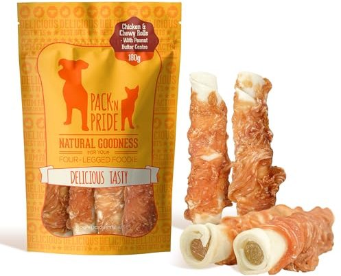 PACK'N PRIDE Peanut Butter Dog Treats, 180g Chicken Wrapped Rawhide Dog Chews Long Lasting for Medium&Large Dogs, Tasty Training Reward
