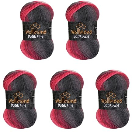 5 x 100g Wollbiene Batik Fine 500 Gramm Wolle mit Farbverlauf mehrfarbig Multicolor Strickwolle Häkelwolle (5100 grau beere weiß)