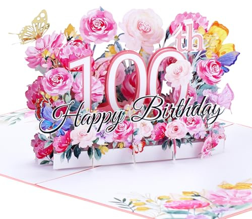 Ghope Carte d'anniversaire Pop-up 3D pour 100 Ans Anniversaire - Carte de Vœux pop-up avec Motif fleur Pour Femme, Maman, Mère, épouse, Homme, Famille, Compagnon, Amis - Carte cadeau romantique