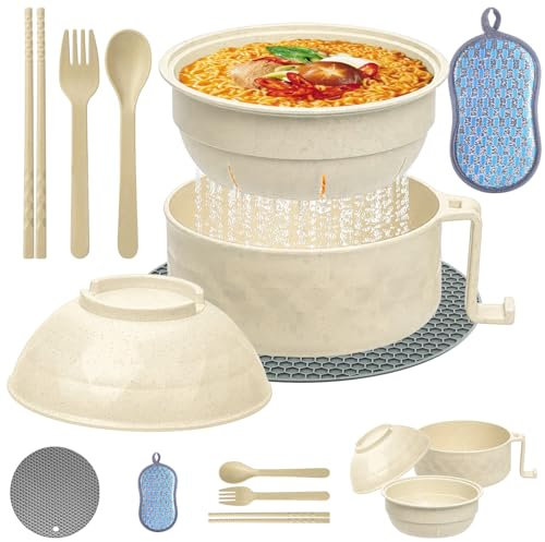 TZQFROCE Microwave Ramen Bowl Ramen Schüssel Set Instant Ramen Bowl mit Deckel Ramen Nudelschüssel mit Stäbchen Ramen Kocher für Suppe, Nudeln, Pasta, Salate(Beige)